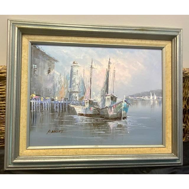 A maritime harbor scene featuring docked boats, tall ships masts, and a coastal/lighthouse structure rendered in muted,...