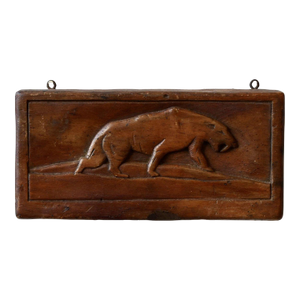 Vintage Saber Tooth Tiger Carved Pine Bas Relief Panel, Circa 1930s