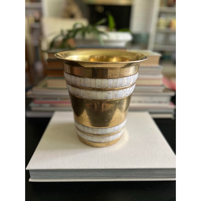 Hollywood Regency Vintage Brass Wastebasket With Mother-of-Pearl Inlay For Sale - Image 3 of 10