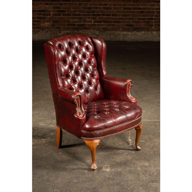 Vintage Tufted Leather Wingback Chesterfield Armchair in Oxblood For Sale - Image 4 of 14