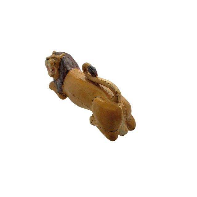 Late 20th Century Lion Sculpture Old Vintage Wood Hand Carved Figurine Folk Art Decor For Sale - Image 4 of 8