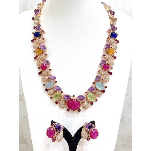 Bochic “Capri” Ruby Sapphire Amethyst Aquamarine & Peridot Necklace & Earrings - 3 Pieces For Sale - Image 9 of 12