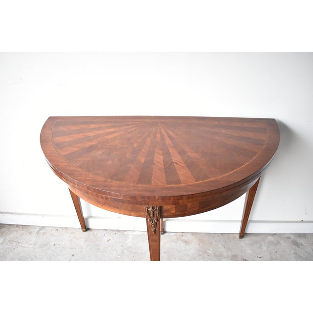 Wood Antique French Louis XVI-Style Marquetry & Ormolu Flip-Top Demilune Card Table For Sale - Image 7 of 13