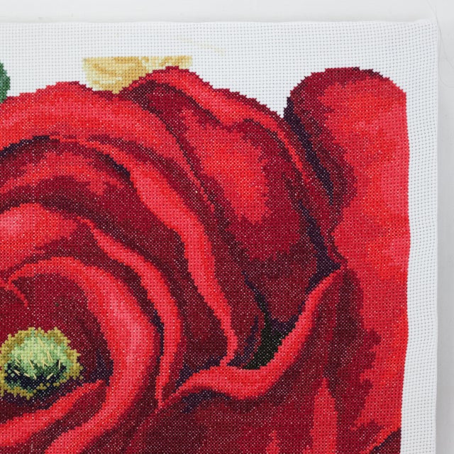 Early 21st Century Vintage Floral Needlepoint Textile Art – Bold Red Rose Blossom and Botanical Leaf Motif For Sale - Image 5 of 9