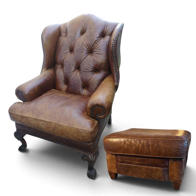 Animal Skin Vintage Zagaroli Chesterfield Hairy Claws Wingback Leather Chair & Ottoman For Sale - Image 7 of 12