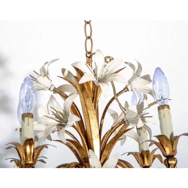 Metal Italian Hollywood Regency Gilt Tole Lily Four-Light Chandelier, 1960s For Sale - Image 7 of 13