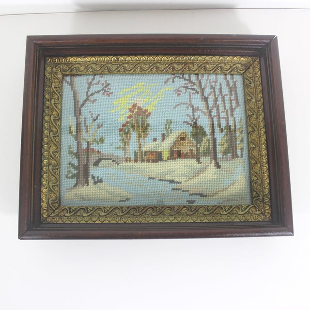 French Country Early 20th Century Needlepoint in Antique Wood Frame With Giltwood Cottagecore Country Style Embroidered Picture For Sale - Image 3 of 10