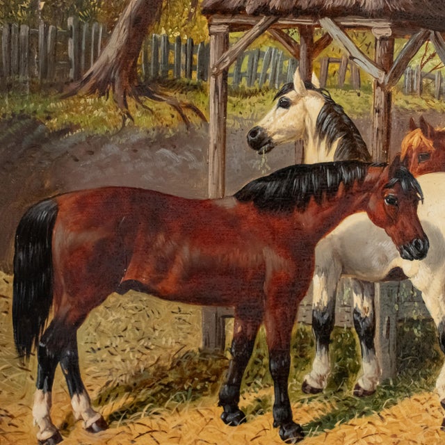 John Frederick Herring Jr. (British, 1815–1907), “Farmyard With Horses, Ducks and Roosters,” Oil on Canvas For Sale - Image 4 of 18