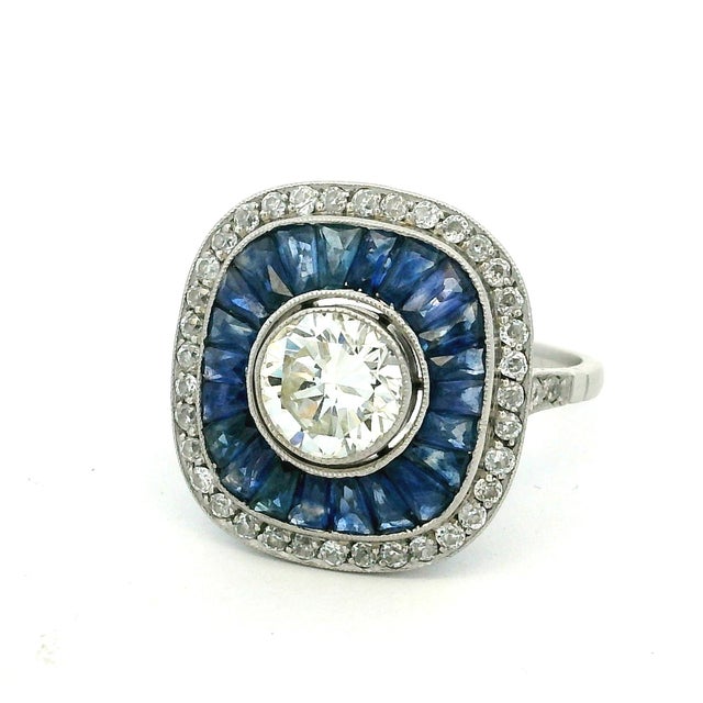 Art Deco Platinum 1 Carat Diamond Calibré Sapphire Target Ring, Size 6.75 For Sale - Image 11 of 14