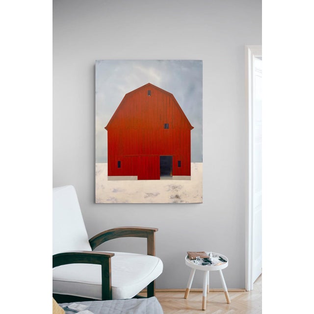 Textile Midwinter by Justin Wheatley | Acrylic on Canvas Red Barn in Snow For Sale - Image 7 of 11