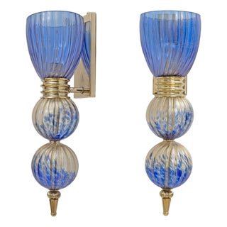 Murano Glass Blue Wall Sconces with Gold Dust Inclusions, 2000, Set of 2 For Sale