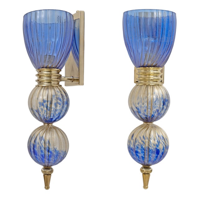 Murano Glass Blue Wall Sconces with Gold Dust Inclusions, 2000, Set of 2 For Sale
