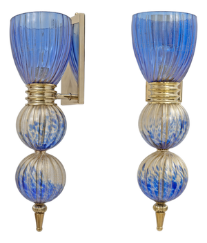 Murano Glass Blue Wall Sconces with Gold Dust Inclusions, 2000, Set of 2