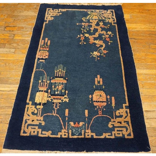 Small Antique Early 20th Century Blue Vase Floral Chinese Art Deco Carpet Rug For Sale In New York - Image 6 of 9