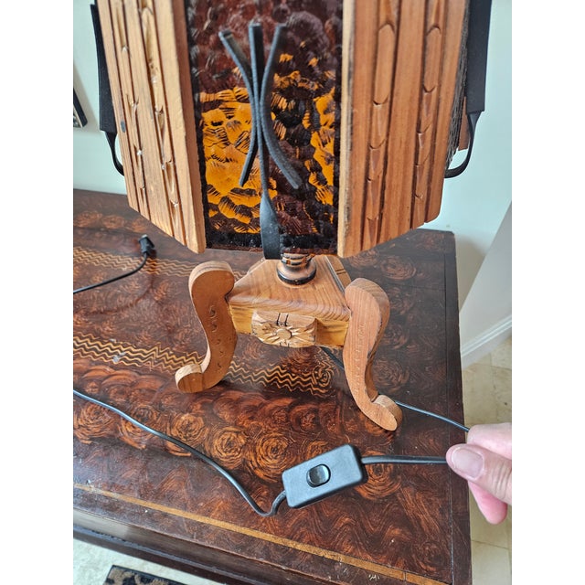 Early 20th Century Early 20th Century Arts and Craft Wood and Slag Glass Lamp Hand Carved Panels and Wrought Iron Accents For Sale - Image 5 of 7