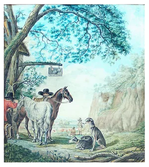Hunters by Inn-Door - Original Ink and Watercolor by Dirk Maas (attr.) 1700 ca.