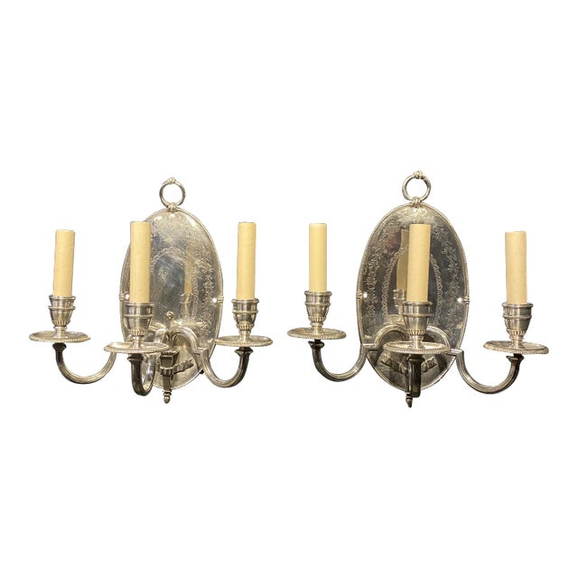 Pair 1900s Silver Plated Caldwell Sconces For Sale