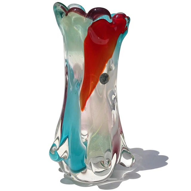 Murano Vintage Murano Abstract Multi-Color Red Teal Tree Trunk Italian Art Glass Flower Vase With Original Label For Sale - Image 4 of 10