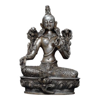 1910s Gilt Silver Green Tara Statue | 18cm Religious Buddhist Figure for Home Altar For Sale
