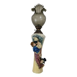 Early 20th Century Decorative Figural Ceramic and Glass Oil Lamp with Pulcinella For Sale