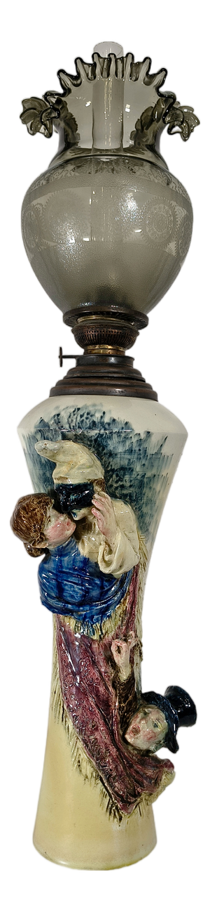Early 20th Century Decorative Figural Ceramic and Glass Oil Lamp with Pulcinella
