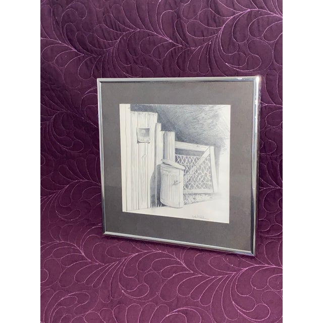 Black Mid 20th Century Jeff Nicholson Pencil Drawing of a Fence With a "No Trespassing" Sign and Trash Can For Sale - Image 8 of 12