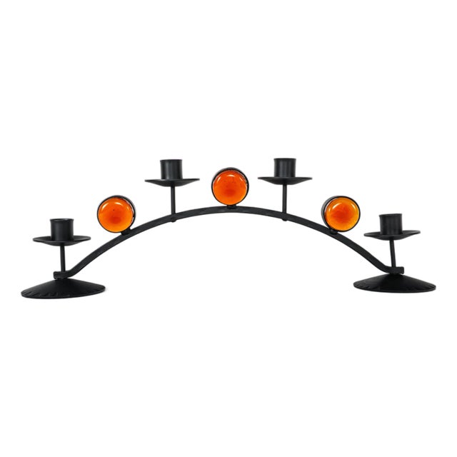 Swedish Wrought Iron and Orange Glass Candleholder by Lindshammar, 1970s For Sale