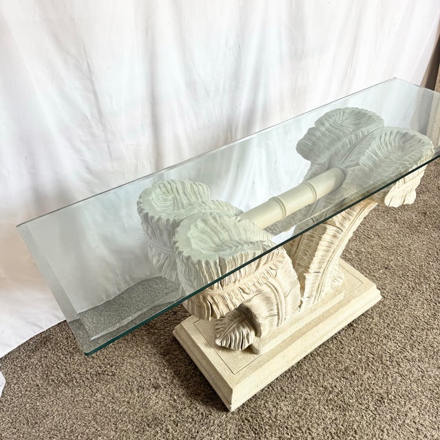 Beige Serge Roche Style Plaster Banana Leaf Glass Top Console Table For Sale - Image 8 of 9