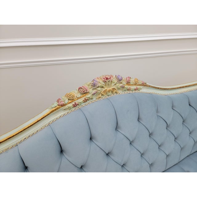 Sky Blue 1970s Sky Blue Tufted French Provincial Sofa | Hand-Painted Floral Trim, Louis XV Style Settee For Sale - Image 8 of 12