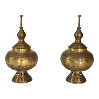 Vintage Etched Brass Asian Philippine Wedding Vessels or Urns - A Pair For Sale