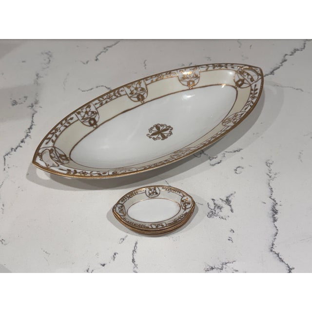 Traditional Antique Nippon Hand-Painted Porcelain Celery Bowl & Salt Cellars, Set of 5 – Morimura Brothers, C. 1910–1921 For Sale - Image 3 of 9