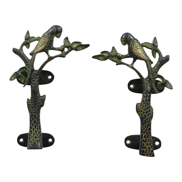 Green Brass Parakeet Branch Door Handles - a Pair For Sale