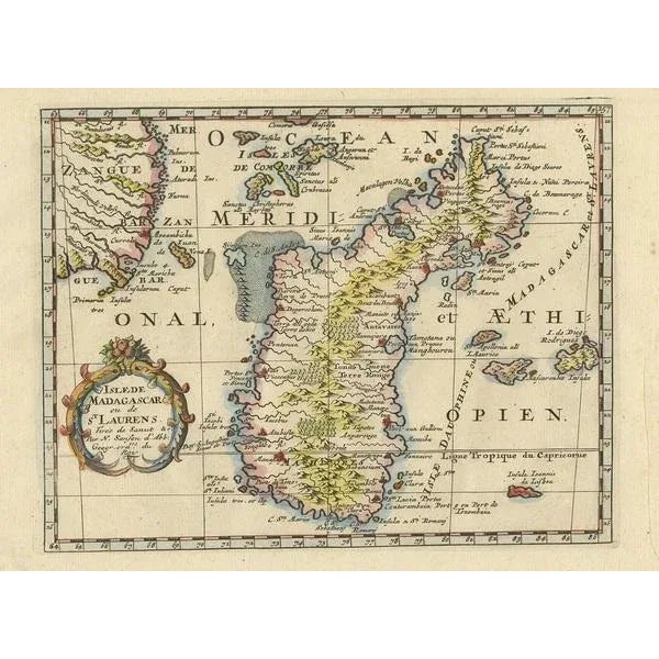 Antique map titled 'Isle de Madagascar ou de St. Laurens. Tiree de Sanutu &c'. Antique map of Madagascar, first published...
