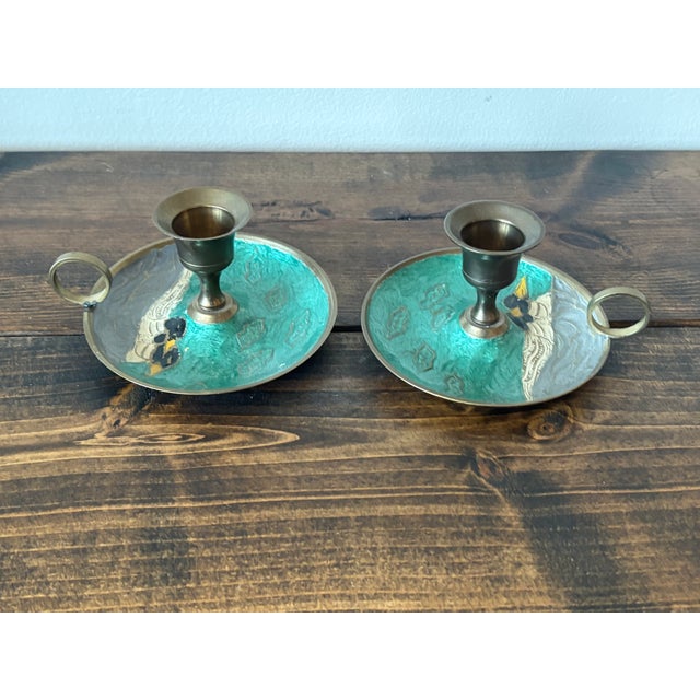 1970s Vintage Enameled Candlestick Holders With Duck Motif For Sale - Image 5 of 6