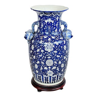 Mid Century Large Empire Chinoiserie Porcelain Blue & White Vase on Stand For Sale