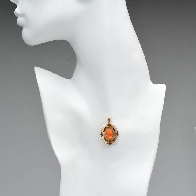 Victorian 10KY Victorian Carved Cameo & Seed Pearl Pendant For Sale - Image 3 of 3
