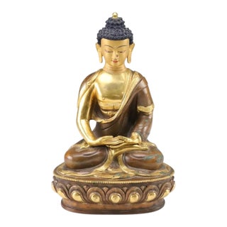 Early 20th C. Nepalese 24k Gold Leaf Over Heavy Copper Meditating Shakyamuni Buddha For Sale