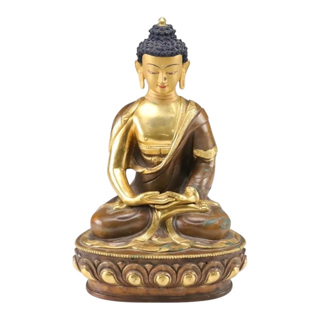 Early 20th C. Nepalese 24k Gold Leaf Over Heavy Copper Meditating Shakyamuni Buddha For Sale