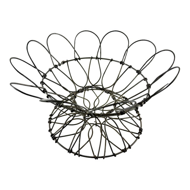 Antique French Handmade Folding Top Wire Kitchen Egg Basket For Sale