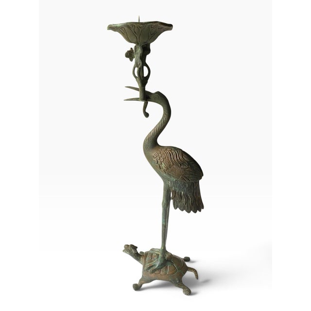 Japanese Tsuru-Kame Japanese Brass Crane and Turtle Pricket Candleholder For Sale - Image 3 of 7