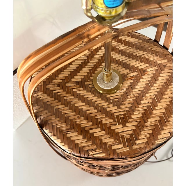 Beige Vintage Coastal Woven Rattan Table Lamp With Sueded Shade For Sale - Image 8 of 14