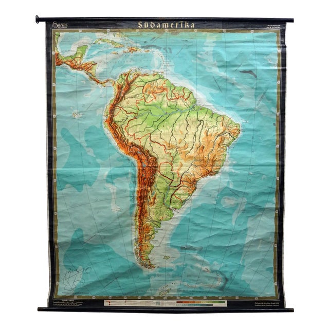 Vintage South America Pull Down Map Wall Chart Poster For Sale
