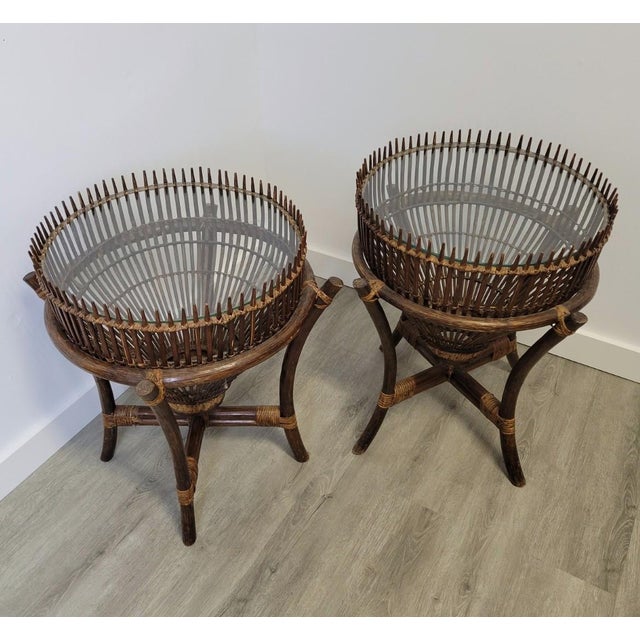 McGuire Pair Mid-Century McGuire Style Rattan End Tables With Spiked Gallery Rims For Sale - Image 4 of 12