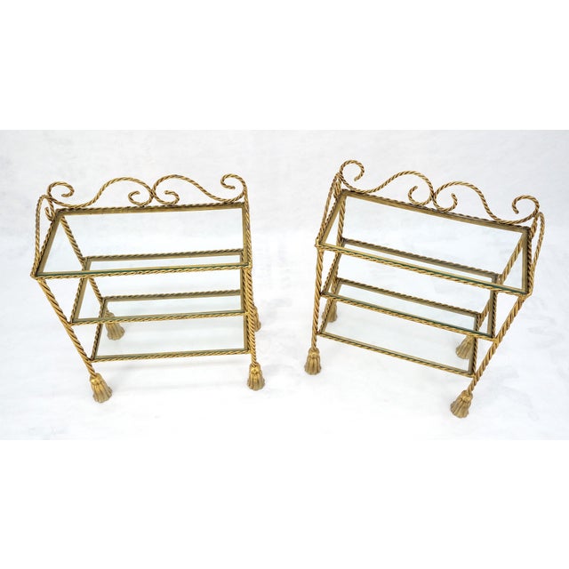 Pair of Italian 3 TierGold Gilt "Twisted Rope" Iron Side End Tables Stands MINT
