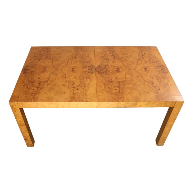 1960’s Milo Baughman Style Mid Century Burlwood Expanding Dining Table With 2 Leaves For Sale