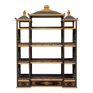 1970s Maitland Smith Chinese Chinoiserie Hand Painted Black Wall Shelf For Sale