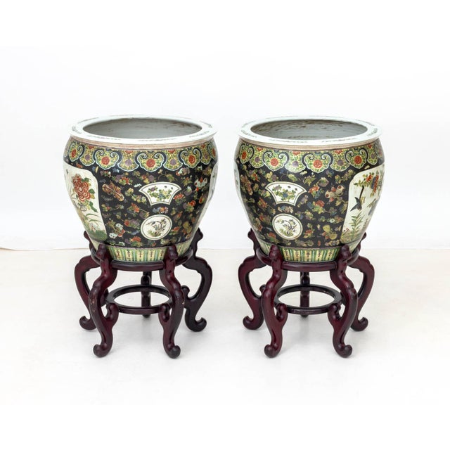 Chinese Chinese Famille Noir Porcelain Fish Bowls, Pair For Sale - Image 3 of 16