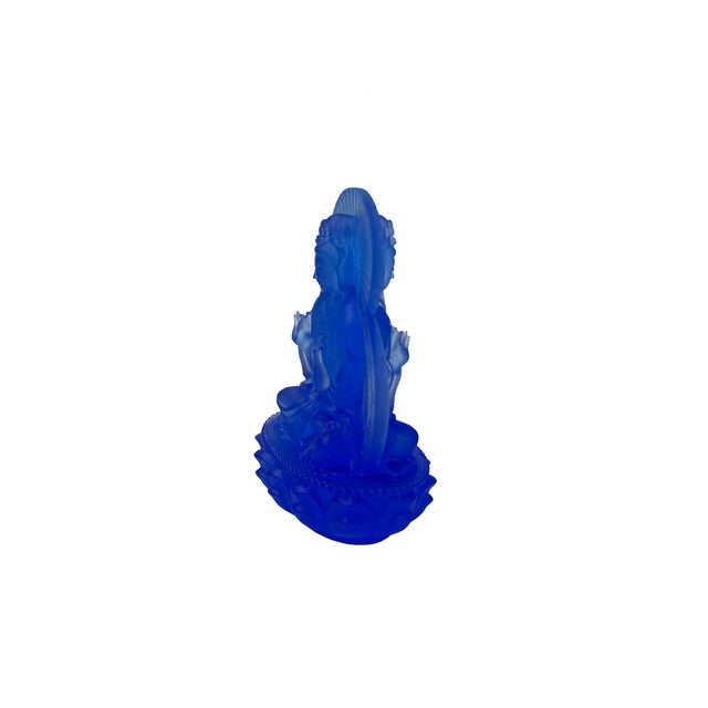 Blue Blue Frosted Crystal Glass Lotus Base 2 Sides Bodhisattva Guanyin Figure For Sale - Image 8 of 11