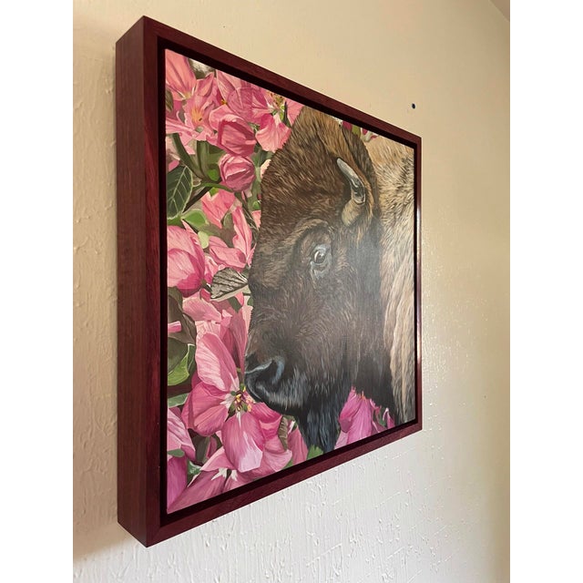 Bloomin Bison by Alexandrea Pangburn | Acrylic Painting of a bison surrounded by pink flowers For Sale - Image 4 of 4
