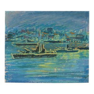 1950s Mid-Century Swedish Outsider Folk-Art Original Drawing of Military War Ships in Harbour in Oil Pastels in Blue, Green & Yellow